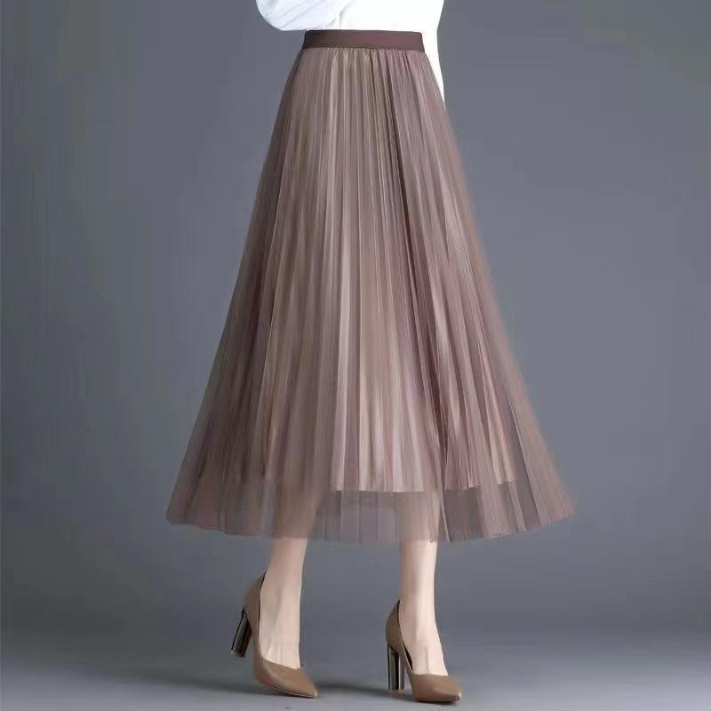 Two-sided wear mesh skirt female pleated skirt in the long section versatile spring and summer high-waisted a-line skirt thin half-body skirt