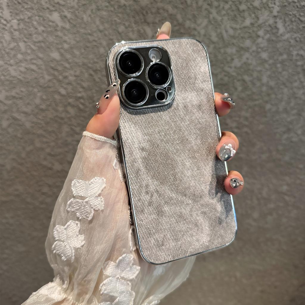 Silver edge denim cloth pattern mobile phone case is suitable for Apple 16PROMAX trend 16 hard case 15 fine hole 11 protective case