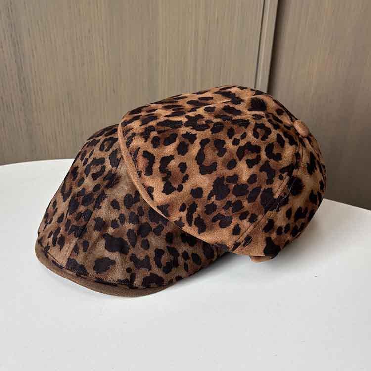 Hong Kong style retro leopard print reverse wear forward hat women spring and autumn personality suede duck tongue fashion versatile beret