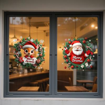 Simulated Flower Wreath Christmas Window Sticker Merry Christmas Theme New Year Festival Party Sticker PVC