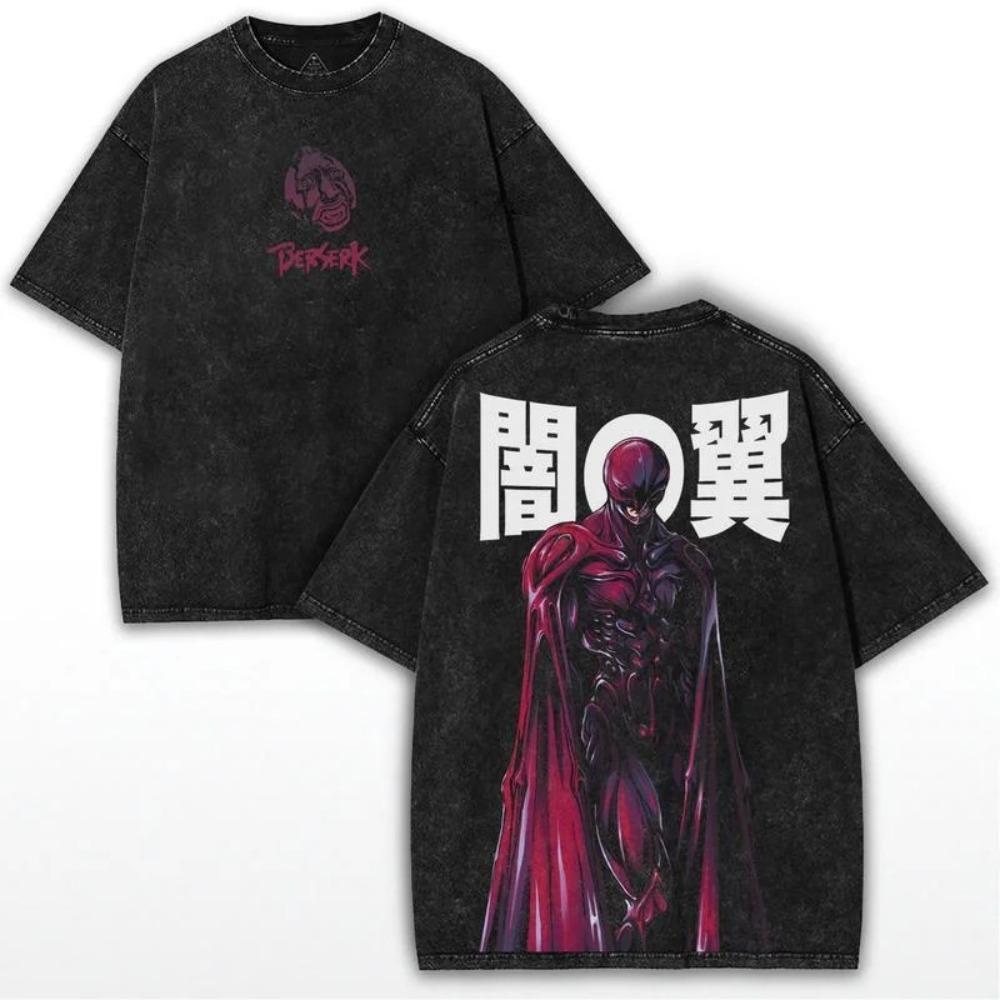 Pārlieku liels, ar skābi mazgāts, vintage, īsām piedurknēm T-krekls ar Berserk Guts Melnā Zobennieka grafisku apdruku