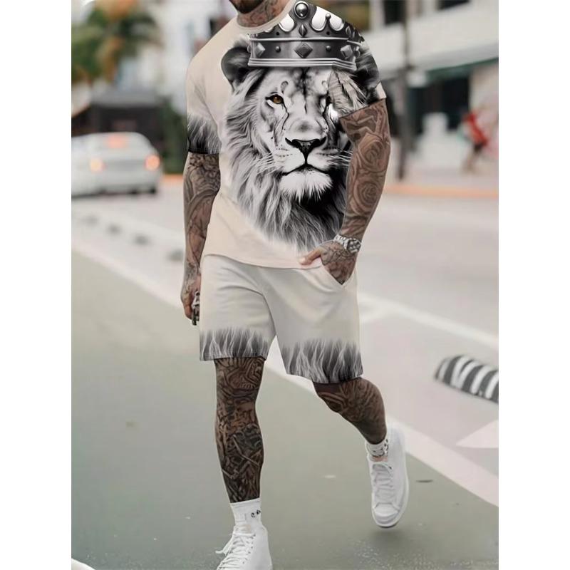 2024 Nieuw T-shirt met ronde hals en korte mouwen Mode Shorts Set 3D Leeuw Print Korte Mouw Shorts 2-delig Heren Zomer Sport Set