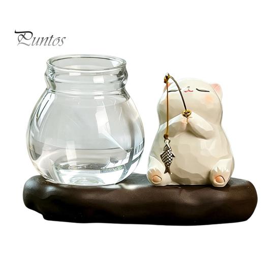 Modern Desktop Plant Holder Leisure Fishing Frog/Cat/Panda/Bear Statue Ornaments, Clear Mini Vases Miniature Small Indoor Pots for Desk Cute Figurines