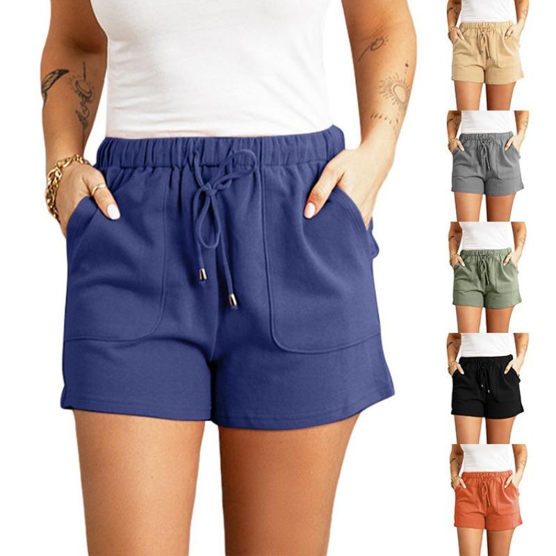 Shorts d'été décontractés pour femmes, couleur unie, taille haute, coupe droite ample, à cordon de serrage
