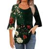 Women's Fashion Casual Pleated Round Neck Floral Print Three-Quarter Sleeve T-Shirt Top