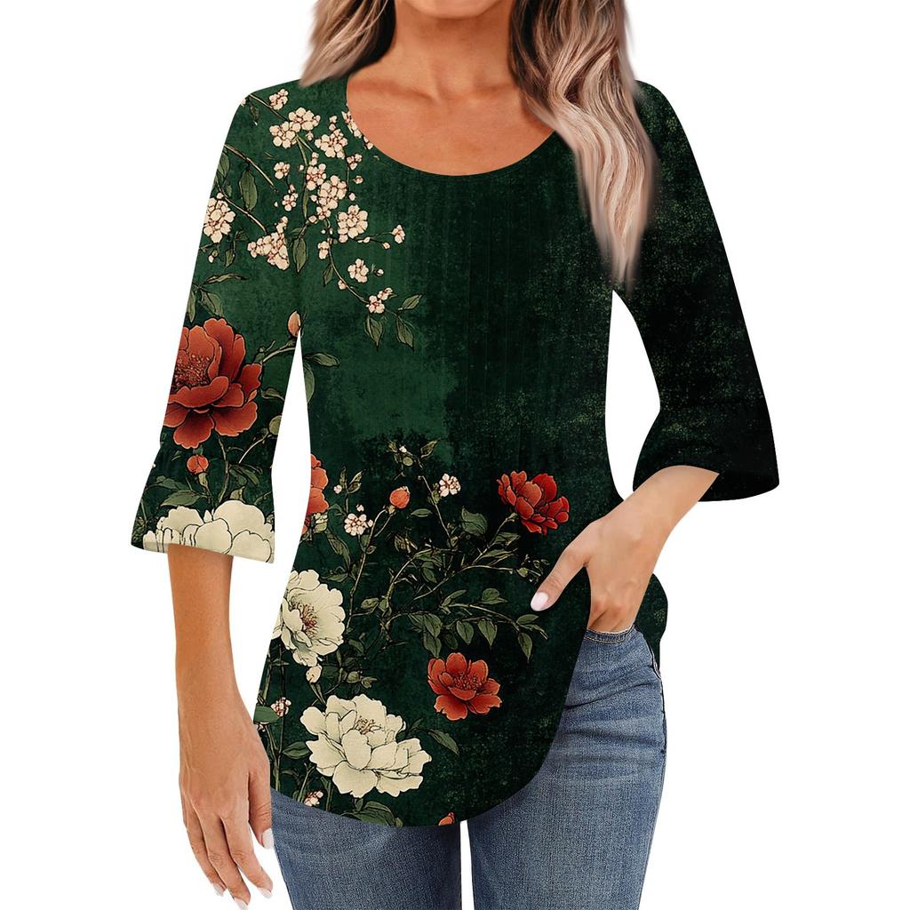 Women's Fashion Casual Pleated Round Neck Floral Print Three-Quarter Sleeve T-Shirt Top