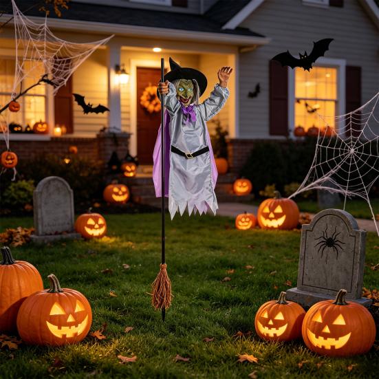 Animated Halloween Witch Decoration, Sound Activated Lighted Haunted House Prop, Creepy Flying Witch with Broom for Lawn, Yard, Patio