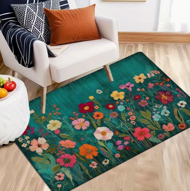 Fresh Grass Green Background Small Flowers Scattered and Blooming Printed Floor Mat Room Decoration Mat Home Decoration Rugs