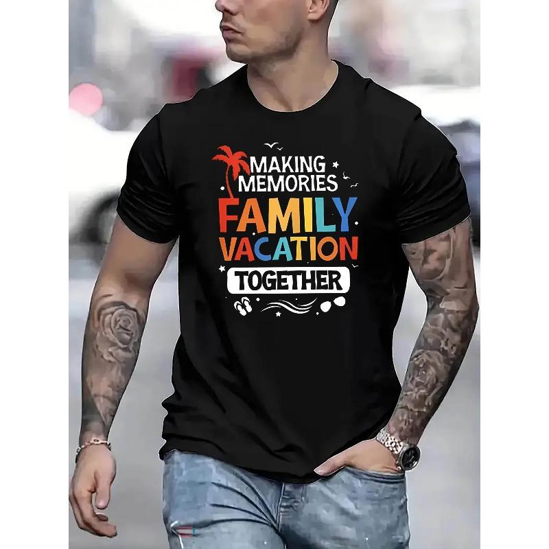 European Sizes Creative Vacation-Themed Letter Print Slippers, Stylish Men'S Fashion, Round Neck, Short-Sleeve T-Shirt