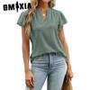 Printemps Été Jacquard Col V Manches Bouffantes Manches Courtes T-shirt Haut pour Femmes
