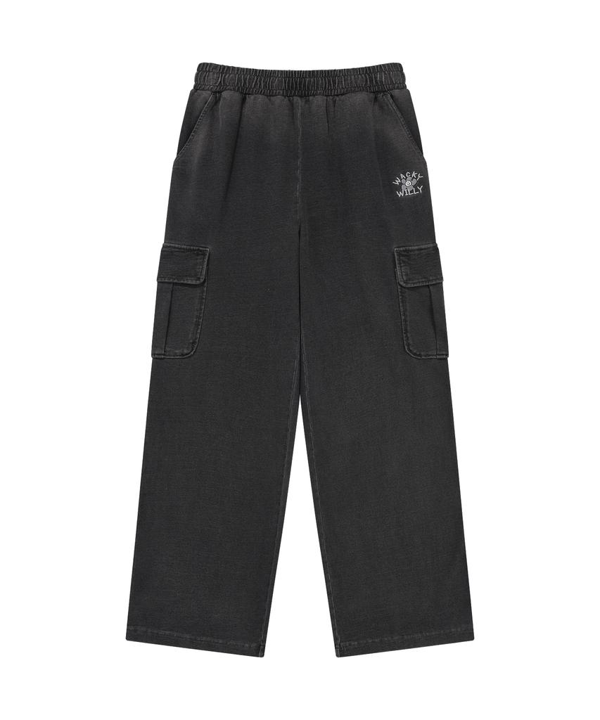 WACKY WILLY Women'S Washed Denim Semi-Wide Cargo Pants Dark Gray