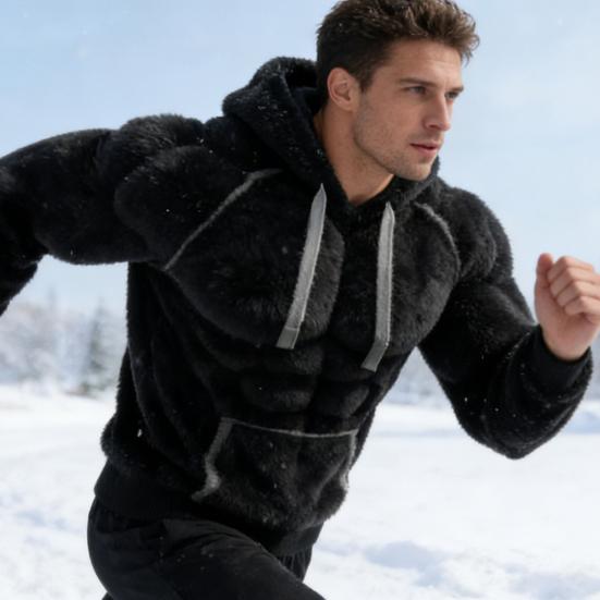 Herren Muskel Hoodie 3D Muster Flauschiger Pullover Muskulös Langarm Warmes Kapuzensweatshirt für Freizeit Sport Streetwear Mode