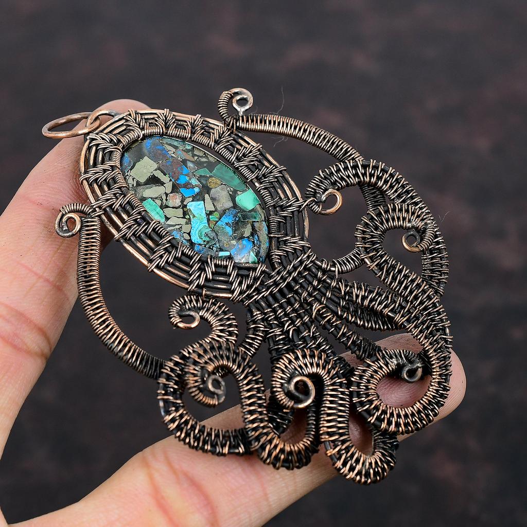 Copper Azurite Malachite Pendant Copper Wire Wrapped Gemstone Pendant Copper Designer Jewelry Octopus Pendant Handmade Jewelry Gift For Mom