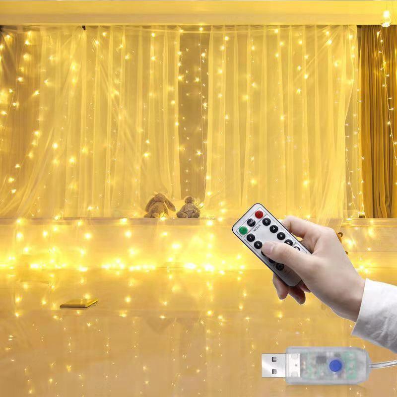 Vorhang-Girlande, LED-Lichterkette, Festival-Dekoration, 8 Modi, USB-Fernbedienung, Urlaub, Hochzeit, Lichterkette für Schlafzimmer, Zuhause