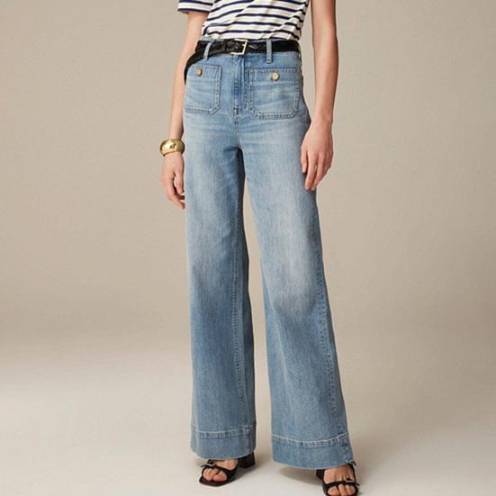 Women Winter Jeans High Waist Button Zipper Closure Plus Size Loose Fit Pockets Straight Wide Leg Streetwear Pants Daily Wear Long Trousers