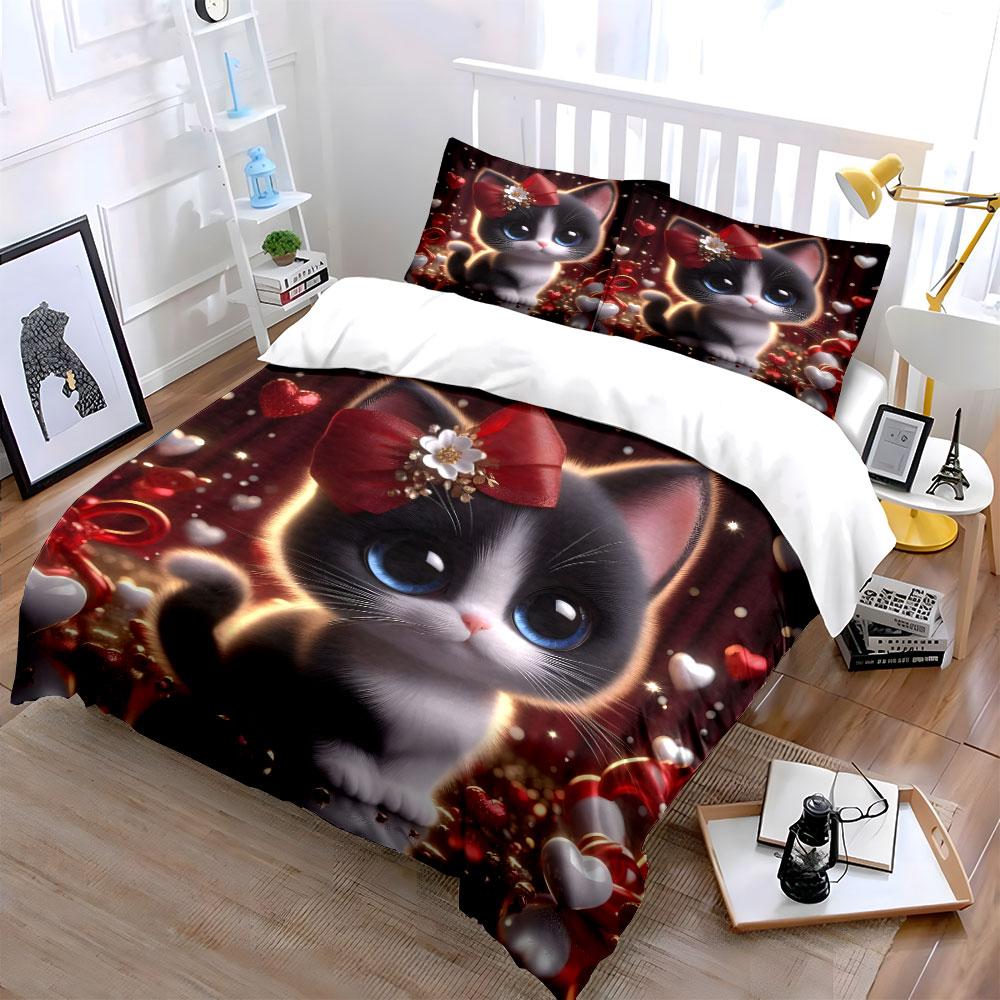 3Pcs Cute Cat With Heart Decorations Duvet Cover Set With 3D Printing Design Soft Polyester Bedding Set All-Season Comfort