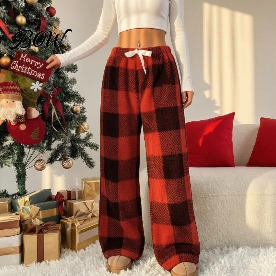 Weiche Hautfreundliche Schlafhose Damen Karomuster Weiter Beinschnitt, Kordelzug Hoher Bund Dicke Korallenfleece Samt Hose Warme Loungewear, Anti-Pilling