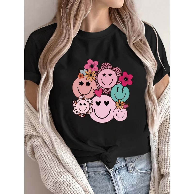 European Size Women's Casual Short Sleeve T-Shirt - Keep Smile Happy Floral Joyful Face Print, Soft & Comfortable Relaxed Fit