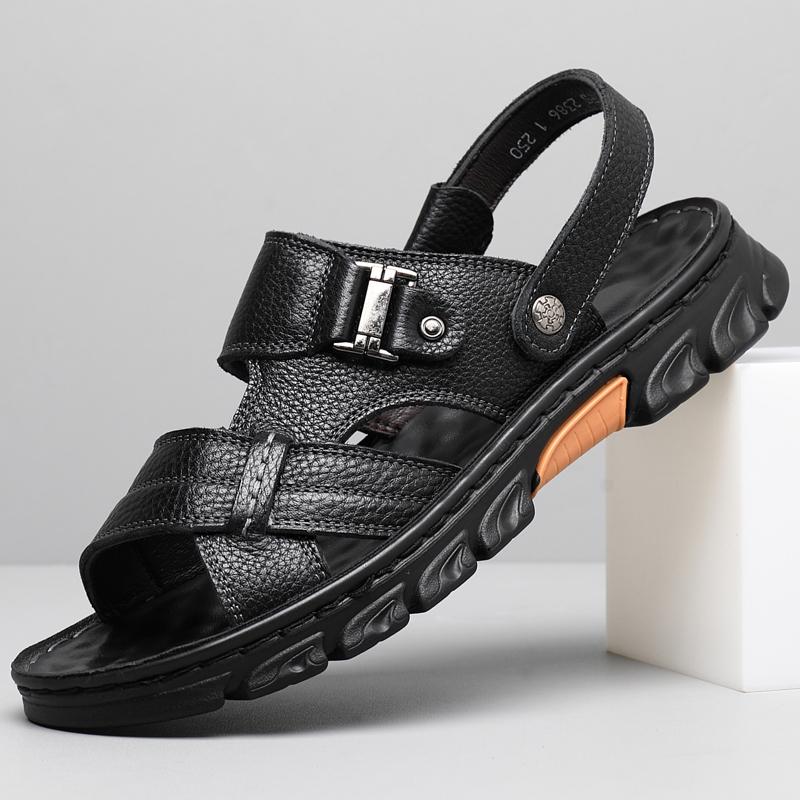 2024 Sommer Neu Schwarz Braun Echtes Leder Rutschfeste Sandalen Herren Weiche Sohle Hausschuhe Doppelfunktions-Sandalen Herren Plateau-Sandalen