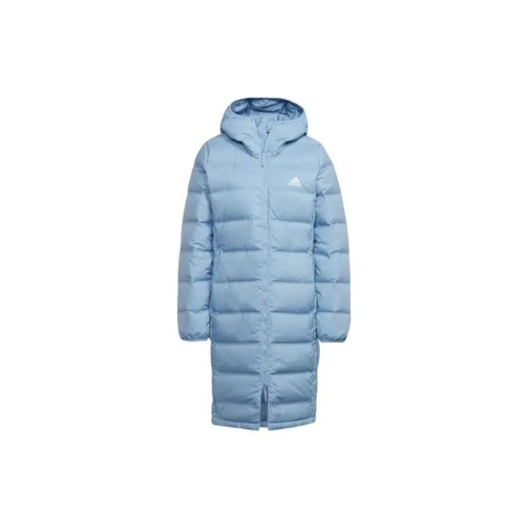 adidas Solid Color Logo Zip Outdoor Hooded Long Warm Down Jacket Women Outerwear Blue GQ7116