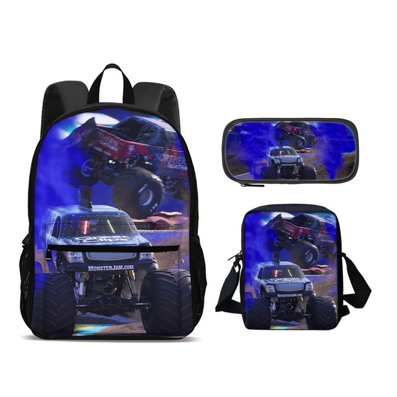 Rucsac Monster Jam Geantă pentru pixuri Geantă de umăr Set 3 bucăți Capacitate mare Imprimeu cu desene animate Cel mai bun cadou de ziua de naștere pentru elevi băieți și fete