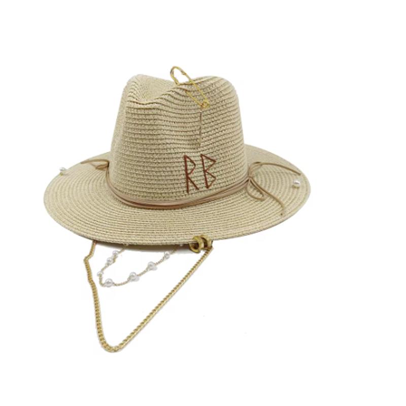 Peach Pink Straw Hat Letter Handmade Design Hat Pearl Chain Summer Sun Hat New Letter Hat Beach Women Gorras Para Hombres