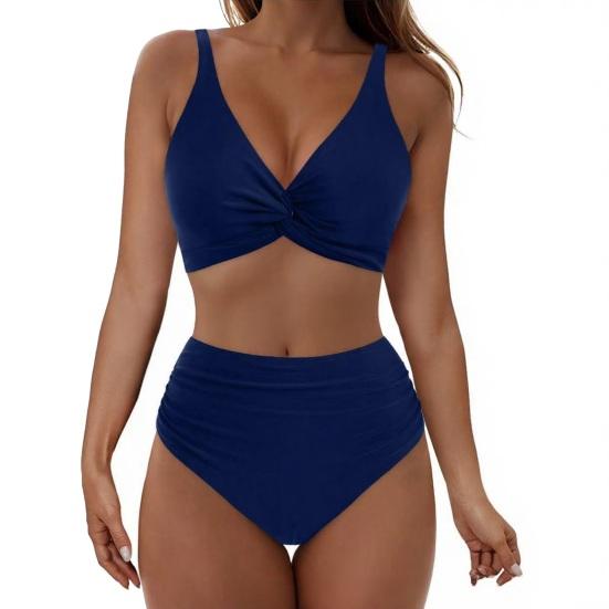 2Pcs/Set Women Split Bikini Deep V-Neck Front Twist Design Bra High Waist Briefs Set Quick Drying Elastic Fabric Vacation Swim Suit