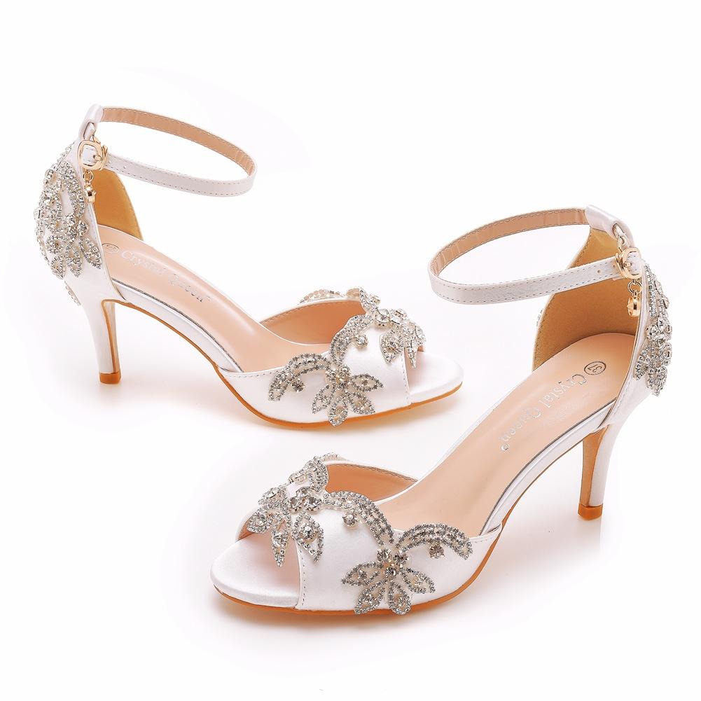 Kvalitetssandaletter för kvinnor, Damsandaletter med strass, PU, 7 cm tunn klack, Spännrem, Koreansk stil, Damskor, Klänningssko, Himmelsblå, Vuxen