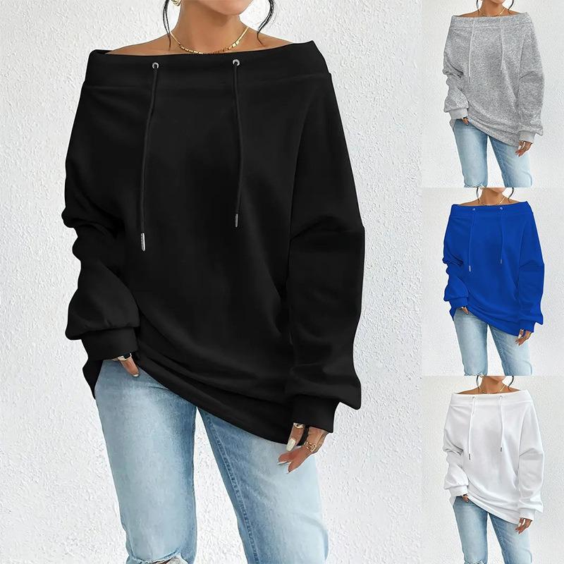 Women's Off Shoulder Long Sleeve Top Loose Fit Casual Solid Color Drawstring Midi Sweatshirt Daily Pullover