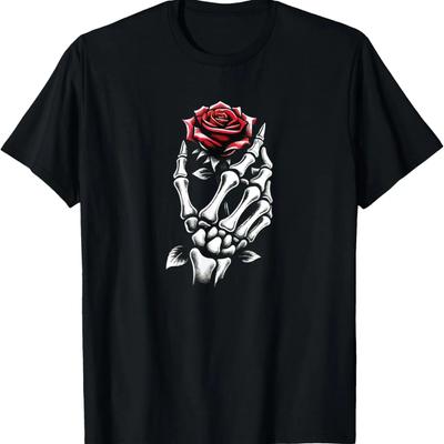 Skeleton Hand Holding Red Crimson Rose Flower Gothic Flora- T-Shirt