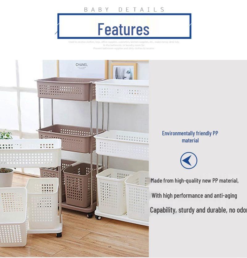 Three-Tier Rolling Storage Rack: Plastic Shelf for Bathroom, Kitchen, or Laundry.