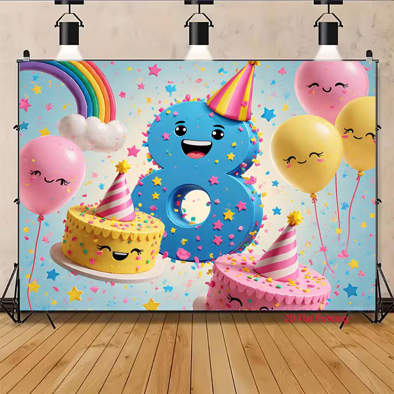 2D 8. Geburtstag Kulisse für Mädchen, Niedliche Cartoon-Zahl 8 mit lächelnden Kuchen und Ballons