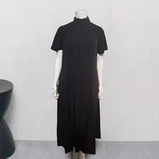 Long Women Dress Stand Collar A-line Solid Color Short Sleeves Plus Size Full Length Retro Chinese Style Evening Dress Daily Life Parties Maxi Dress