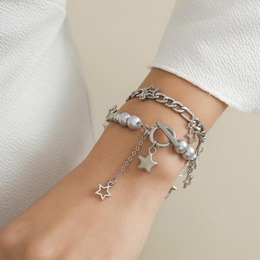 Salircon 2Pcs Trend Y2K Hollow Star Pendant Bracelet Irregular Ball Bead Chain Bracelet Women's Party Hip Hop Jewelry Gif