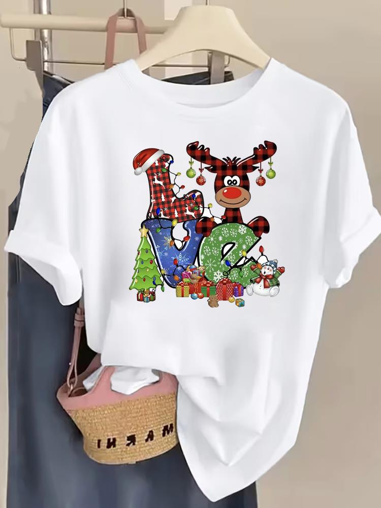 (Asian Size) Lovely Truck Letter Tee Top Christmas Festival New Year Clothing T Shirt Women Fashion Print Female Woman Short Sleeve Graphic T-shirts
