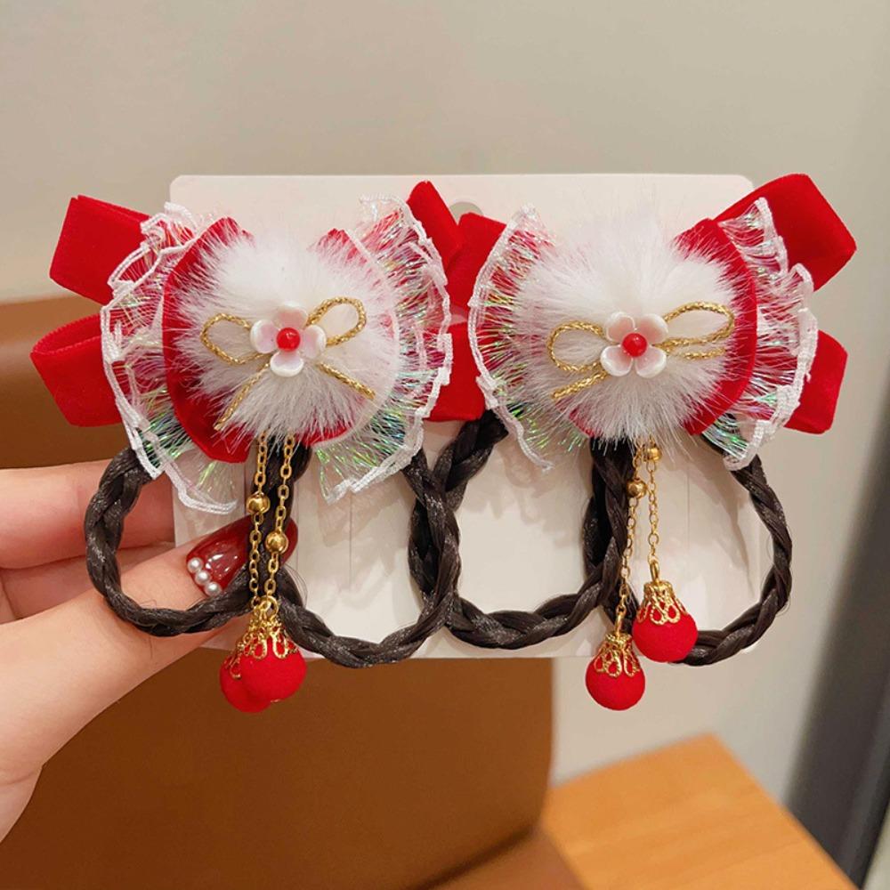 Süße Antiker Stil Kinder Neujahr Haarnadel Rot Prinzessin Neujahr Schleife Haarnadeln Band Quasten Perücke Zopf Mädchen Hanfu Kopfschmuck