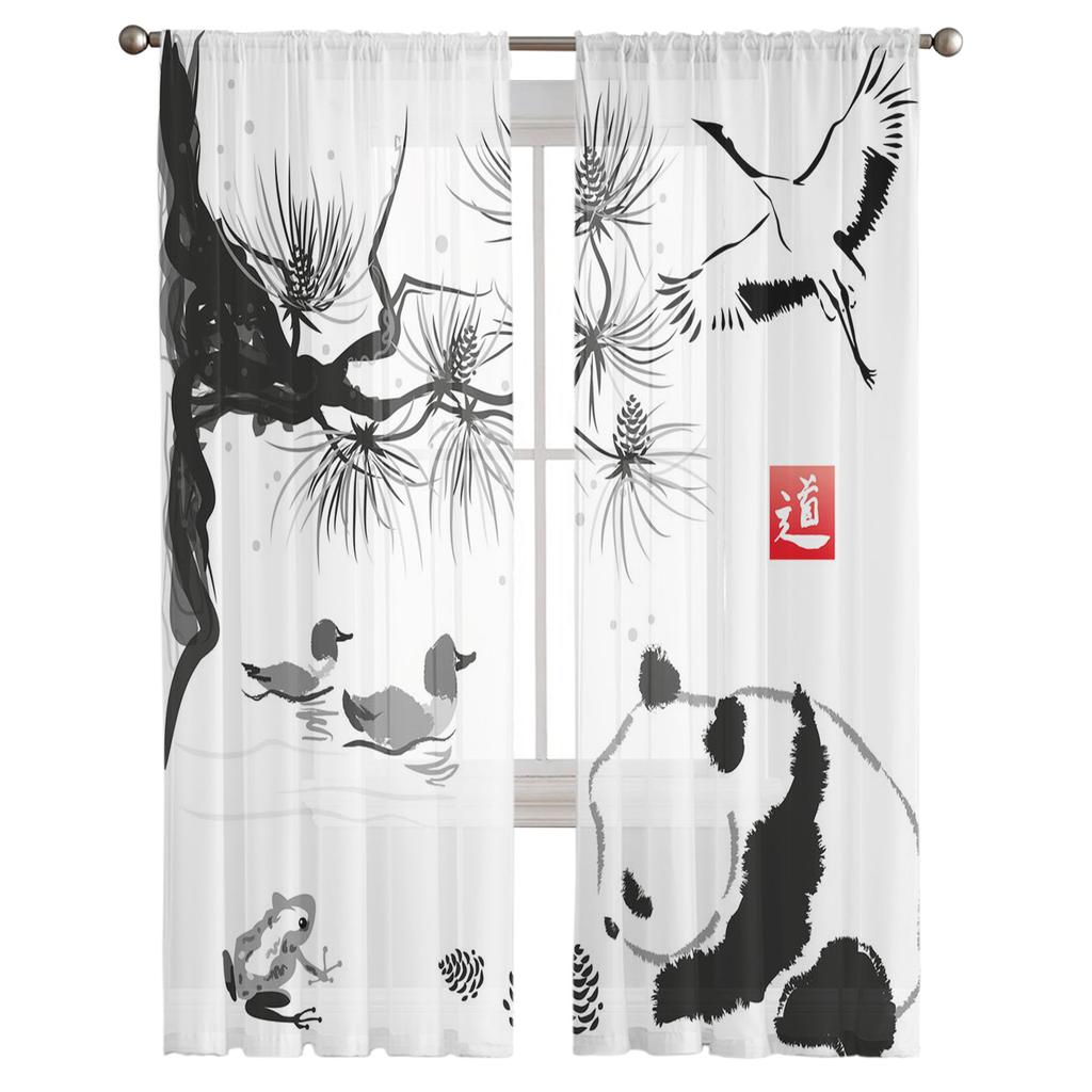 Tier Panda Zweig Tinte Malerei Tüll Transparente Fenster Vorhänge für Wohnzimmer die Schlafzimmer Moderne Voile Organza Vorhänge Vorhänge