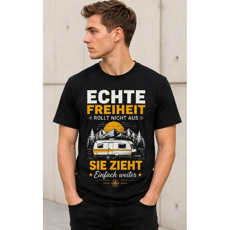 Men's Black Short Sleeve Crew Neck T-Shirt with Vintage Camper Mountain Graphic, Soft Cotton Feel, Casual Outdoor Adventure Style