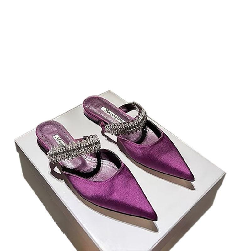 Mode Dames Hoge Hakken Temperament Baotou Zijde Strass Muller Slippers Puntige Stiletto Pumps