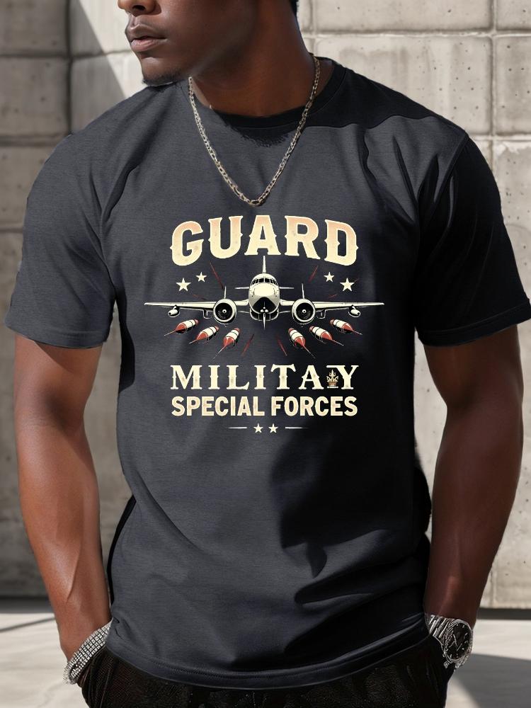 Military Special Forces Airplane with BoldGuardText Star Design100 cotton Oneck short sleeve casual printed mens Tshirt
