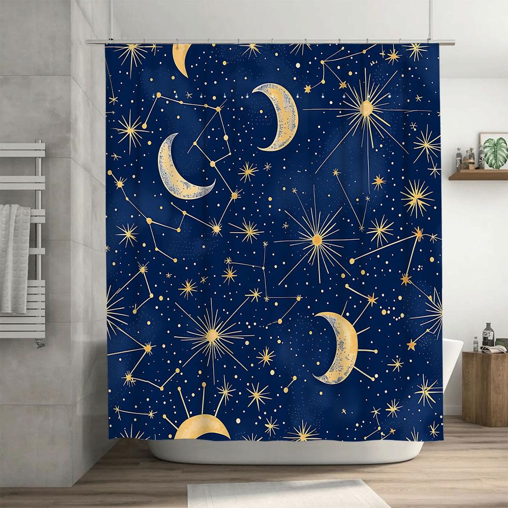 Blue Constellation Shower Curtain Set For Bathroom Decor Moon Stars Pattern, Water-Resistant Fabric Shower Curtains With Rings (