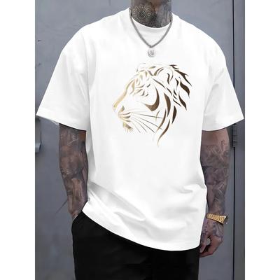 European Size Men's T-shirt with Simple Tiger Print, Crew Neck Sporty Casual Short Sleeve, Stylish Trend, Suitable for Summer Outings