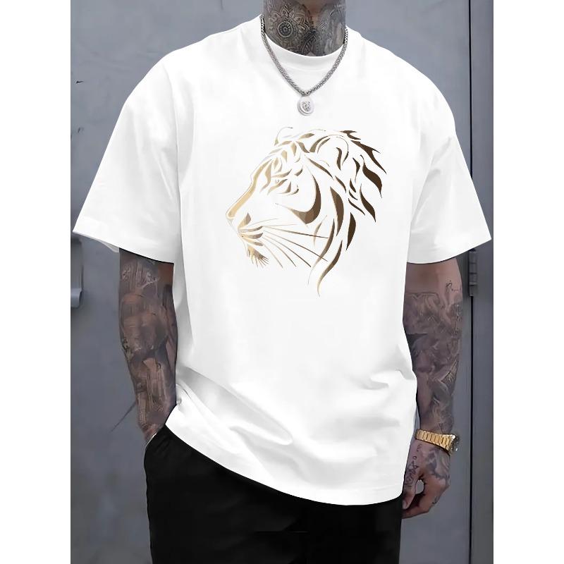 European Size Men's T-shirt with Simple Tiger Print, Crew Neck Sporty Casual Short Sleeve, Stylish Trend, Suitable for Summer Outings