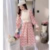 Autumn Sweater Dresses for Women Winter Splicing Pullover Bandage Slim Knitting Dress Sweet Corduroy Floral Print Dress