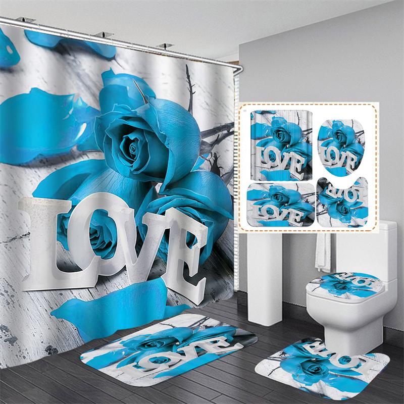 Flower Rose Shower Curtains Waterproof Polyester Bathroom Curtain with Hooks Bathtub Curtain Soft Floor Rugs Non-slip Bath Mat Bathroom Decor 4pcs