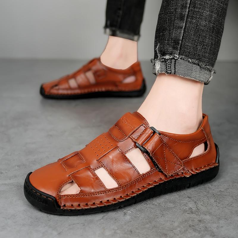 Summer Men's Casual Closed Toe Sandals Large Size Genuine Leather Casual Handmade Sandals Breathable Casual Sneakers Sandals for Men