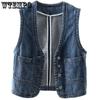 Plus Size Women Front Button Denim Waistcoat Vintage V Neck Sleeveless Denim Vest Female Autumn Outerwear Cardigan Tops