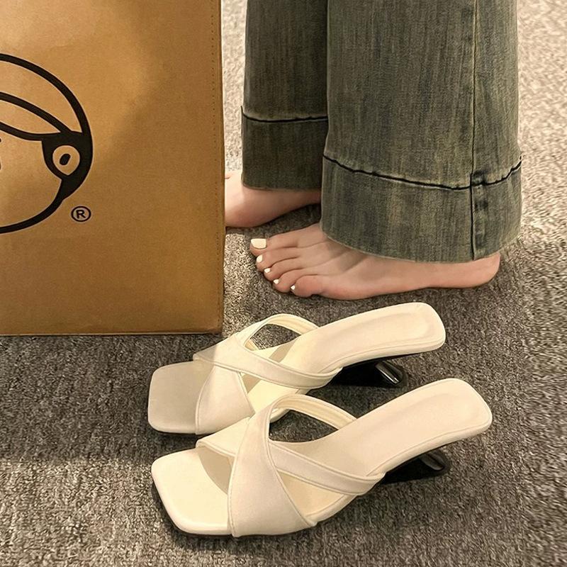 French Style Women High-heel Sandals Designer Slippers Fashion Square Toe Slope Heel Slippers Summer Open Toe High Heel Slippers