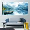 1.5" Thick No Frame Canvas Wall Art - Serene Lake Mountain Sky Landscape with Boat Painting, Modern Nature-Inspired Decorative