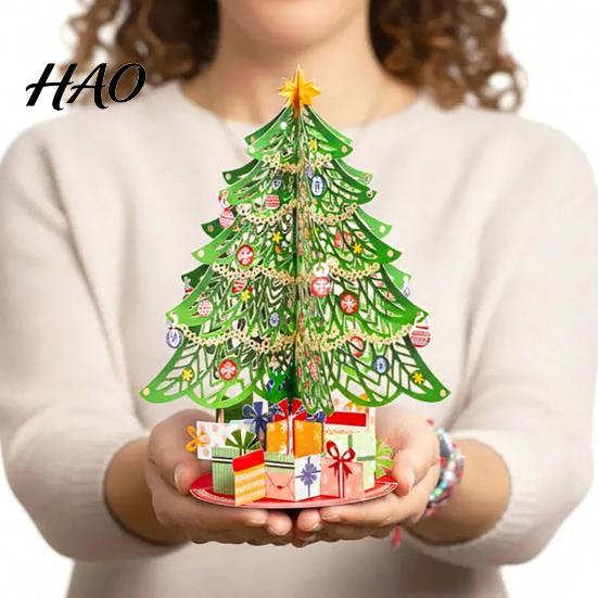 Artificial Paper Xmas Tree 3D Puzzle Christmas Decoration, Holiday Desktop Ornaments Small Tabletop Decoration with Star Topper And Gift Box for Home